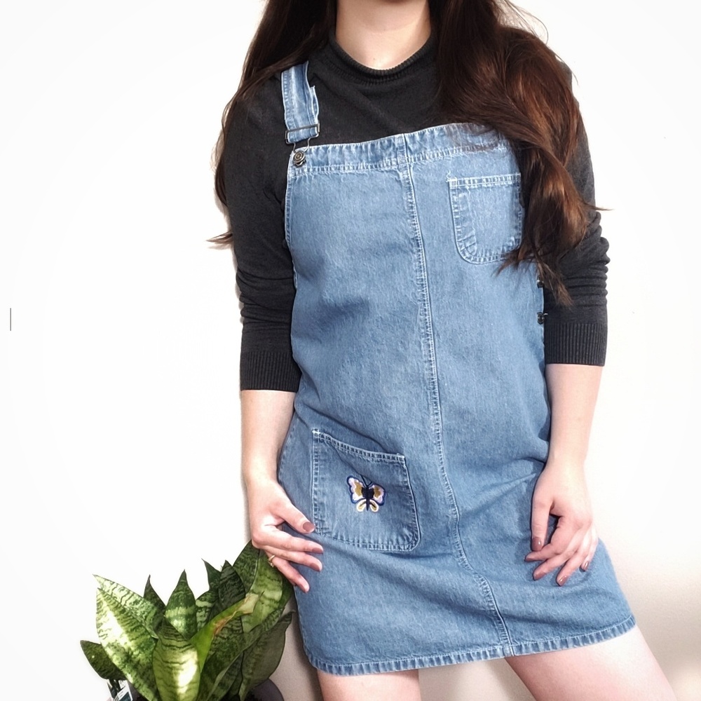 Vintage Denim Bib Overall Dress with Embroidery